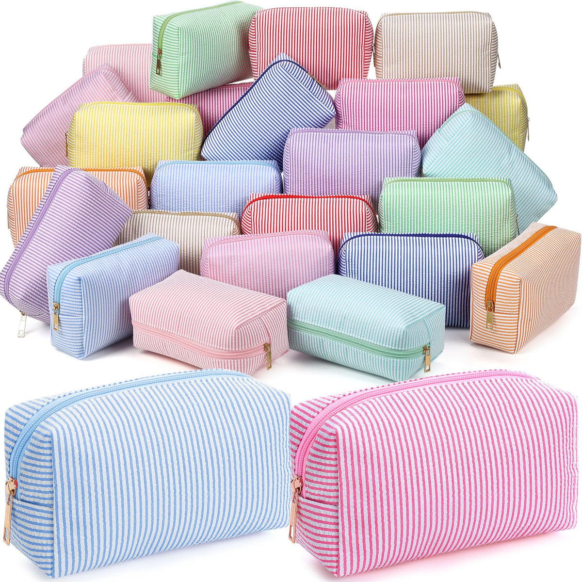 Sanwuta 6 Pcs Seersucker Cosmetic Bags Bulk, Striped Zippered,Rainbow