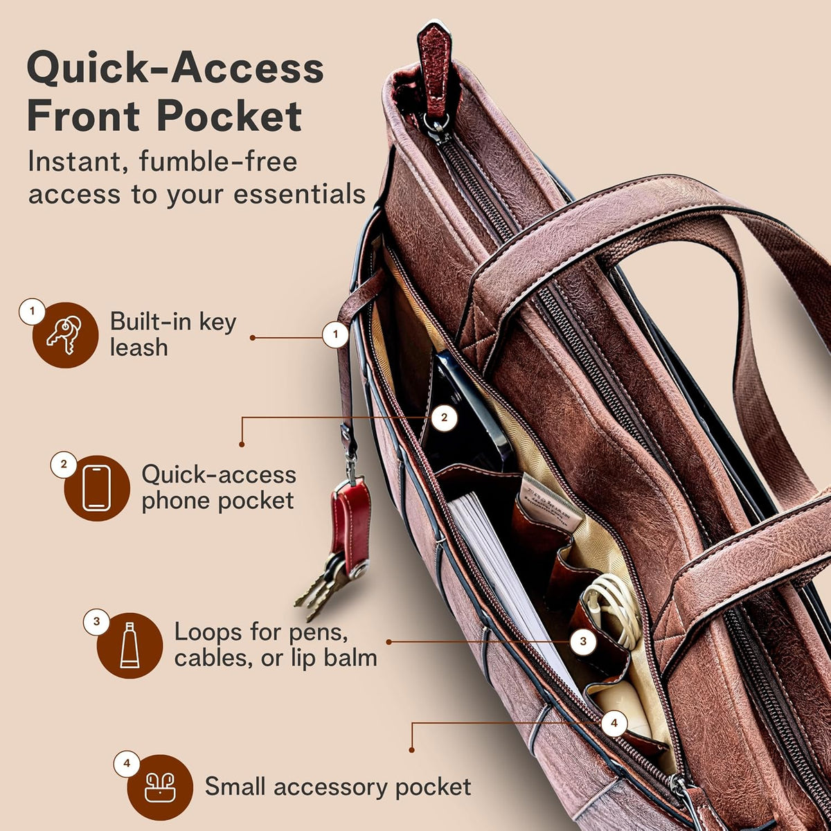 Laptop Bag for Women - 14" Vegan Leather Computer Bags for Laptops for Women - Padded Compartment - Leather Tote