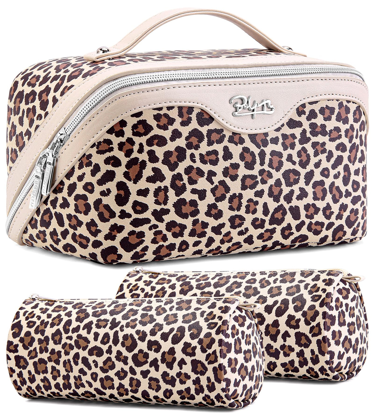 BOYATU Travel Makeup Bag Organizer: 3 Pcs Leopard Cometic Bag Set for Women