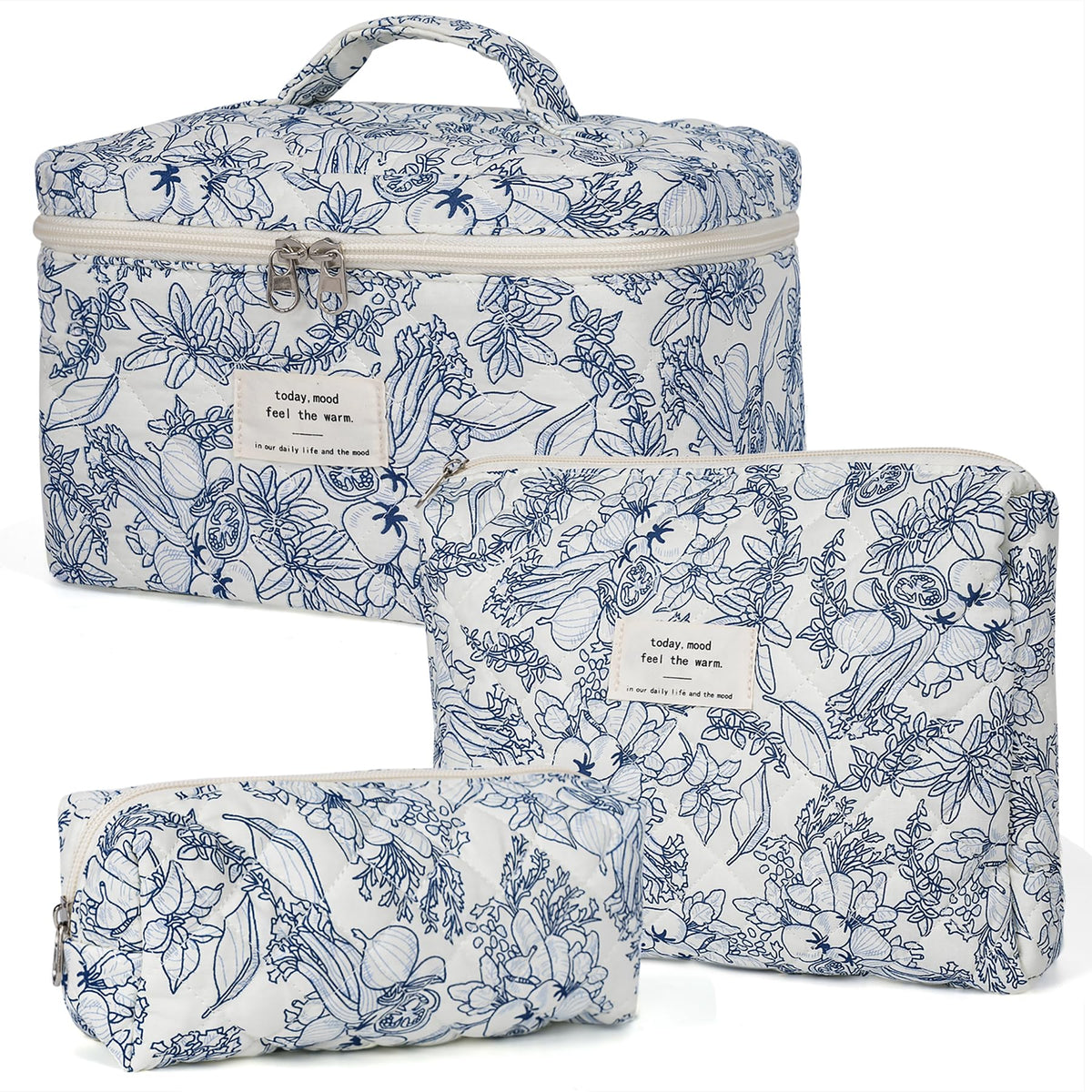 Makeup Bag,Quilted Cosmetic Bag,Large Floral Make Up Bag for Women,Cotton Makeup Bag Set,Flower Travel Toiletry Bag