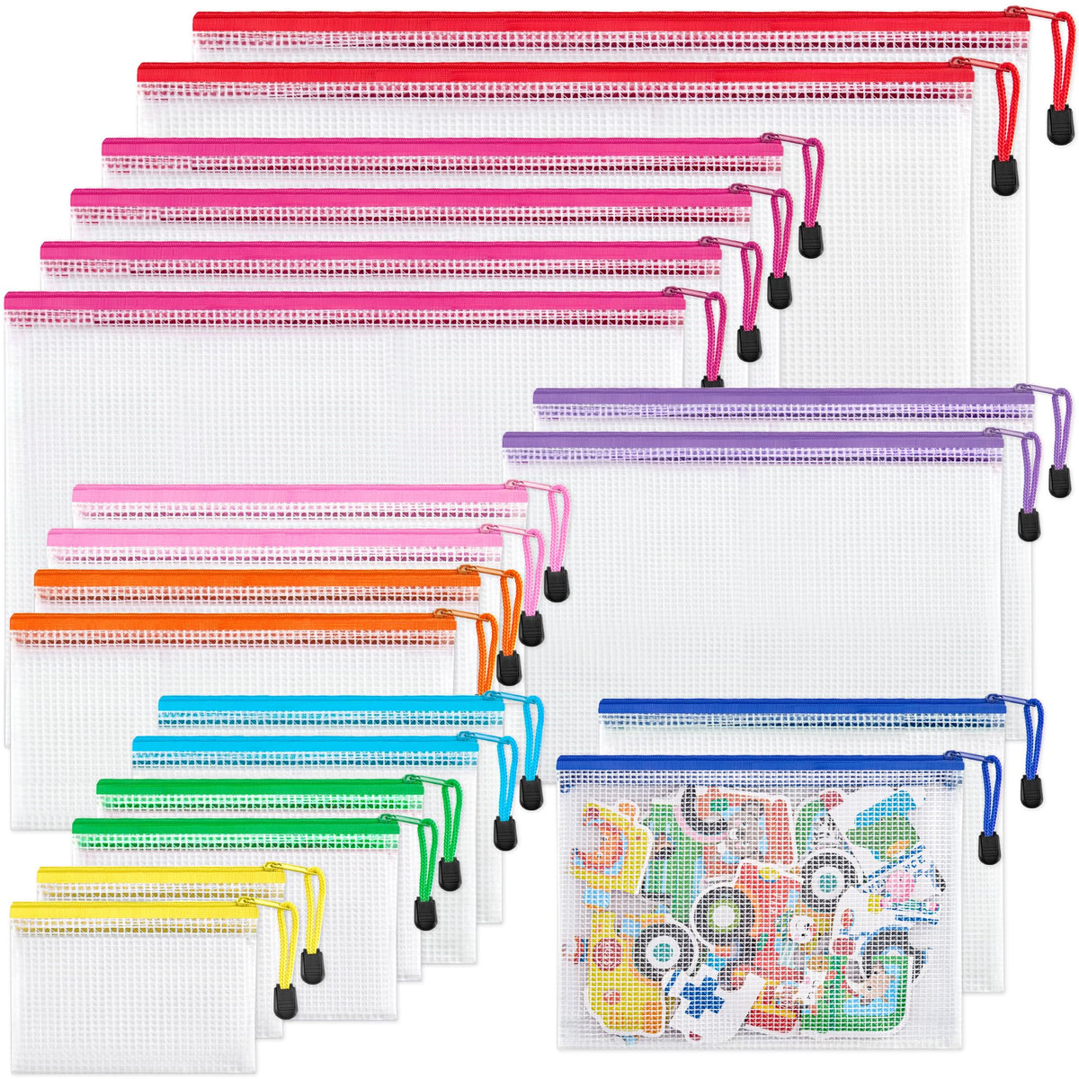 JARLINK 18 Pcs Mesh Zipper Pouch Bags, 8 Sizes Waterproof Zipper Bags