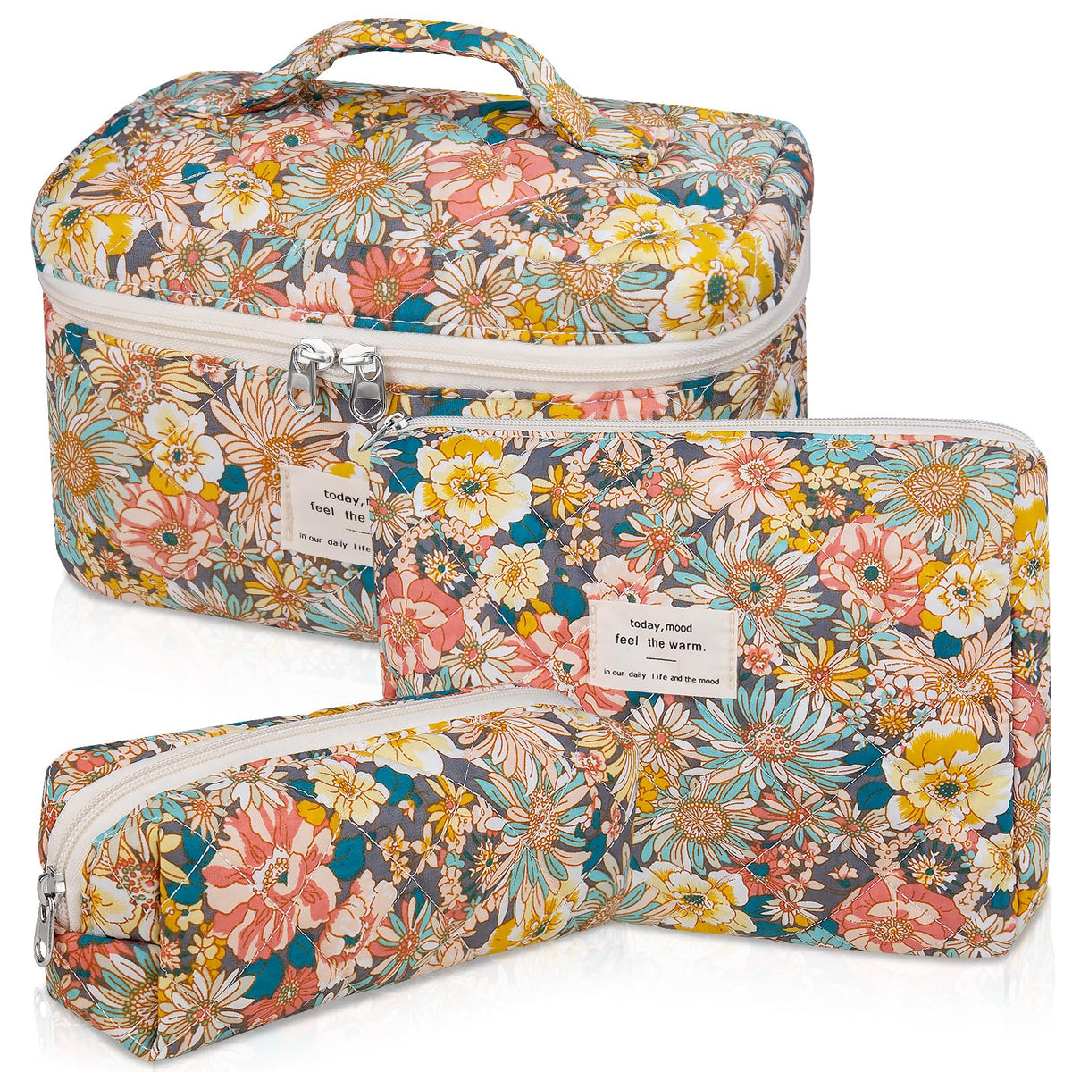 Gosect Makeup Bag, Large Quilted Cosmetic Bag, Big Floral Make Up Bag for Women Girls, Cute Cotton Makeup Bag Set, Flower Travel Toiletry Organizer Bag (Blue Flower)
