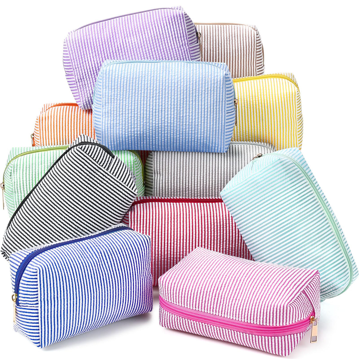 Sanwuta 6 Pcs Seersucker Cosmetic Bags Bulk, Striped Zippered,Rainbow
