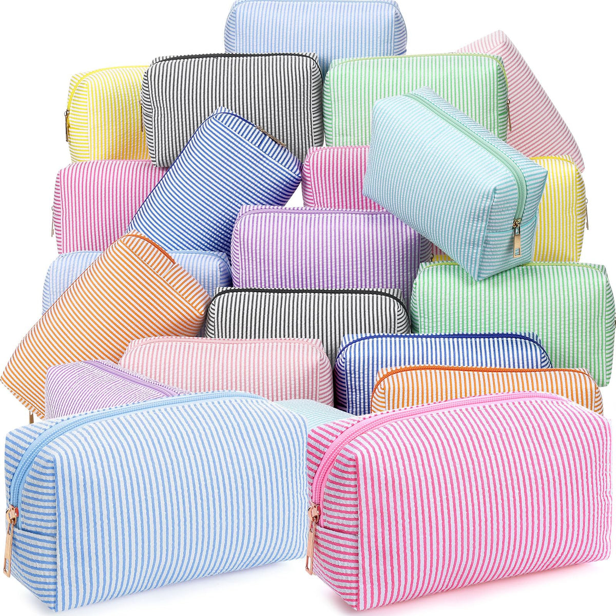 Sanwuta 6 Pcs Seersucker Cosmetic Bags Bulk, Striped Zippered,Rainbow