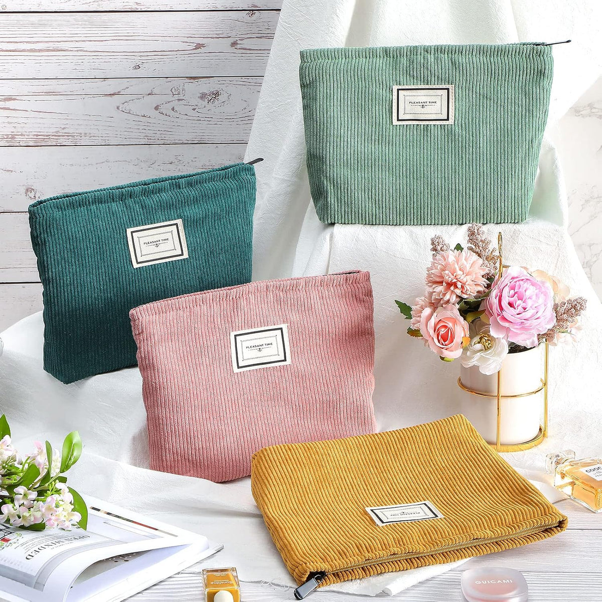 Sanwuta 4 Pcs Velvet Corduroy Makeup Bag, 10x7x2'', Retro Color