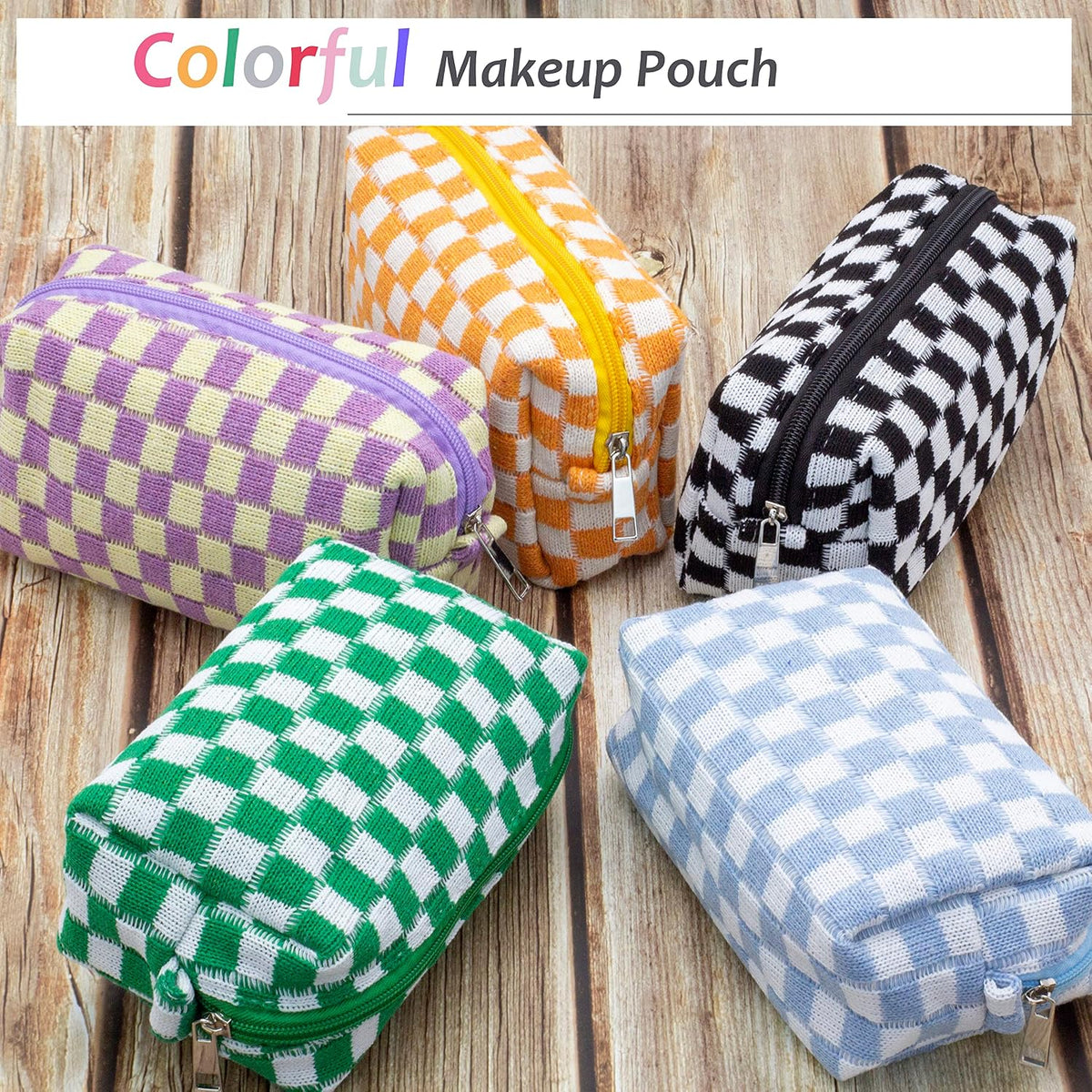Checkered Makeup Bag for Purse, Small Travel Cosmetic Pouch,Blue,6 Pack